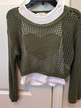 Olive Green Cropped Heart Mesh Sweater Set